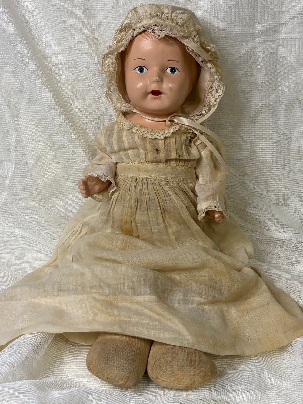 Vintage 1930s-40s Composite Baby Doll 16" Blue Eyes Lace Bonnet Dress
